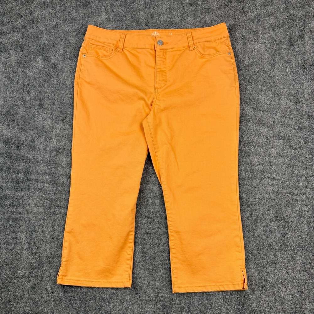 St Johns Bay Womens Capri Pants Size 14 Orange Cream Stretch Mid Rise Casual